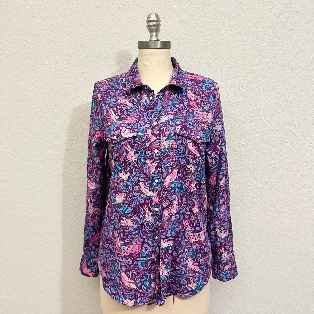 SUNDANCE Shirt Purple Bird All Over Print Cotton Long Sleeve Snap Boho
